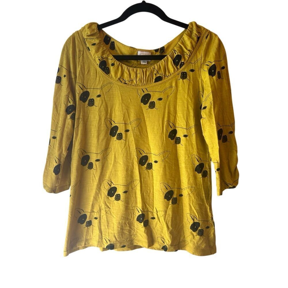 Postmark French Bulldog Print Knitted Top sz M mustard yellow
